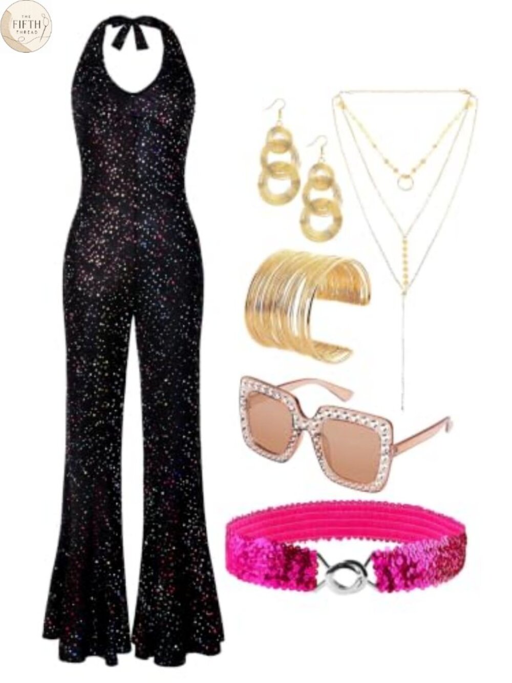 70s Disco Jumpsuit Costume Set Backless Sequin with Belt Jewelry Glasses